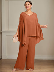 Separates Jumpsuit/Pantsuit V-Neck Floor-Length Chiffon Mother of the Bride Dress With Beading