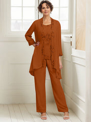 Elegant Appliques 3 Pieces Chiffon Mother of The Bride Jumpsuit with Wrap