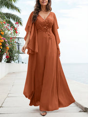 A-Line V-Neck Floor-Length Chiffon Mother Of The Bride Dresses With Appliques Lace