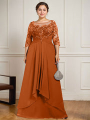 A-line Scoop Illusion Floor-Length Lace Chiffon Mother of the Bride Dress With Cascading Ruffles