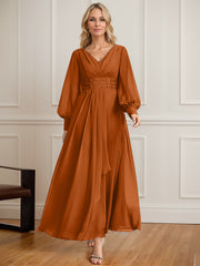 A-line V-Neck Ankle-Length Chiffon Mother of the Bride Dress With Cascading Ruffles Beading Sequins