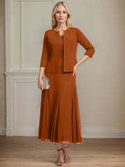 Separates A-line Scoop Tea-Length Chiffon Mother of the Bride Dress With Sequins Beading