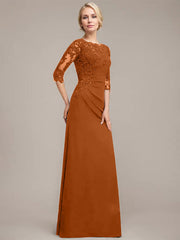 A-line Scoop Floor-Length Chiffon Lace Mother of the Bride Dress With Sequins Beading Pleated
