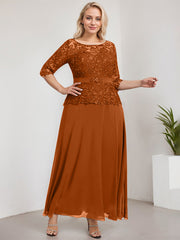 A-line Scoop Illusion Ankle-Length Chiffon Lace Mother of the Bride Dress With Rhinestone Beading