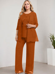 Separates Pantsuit Scoop Floor-Length Lace Chiffon Mother of the Bride Dress With Sequins