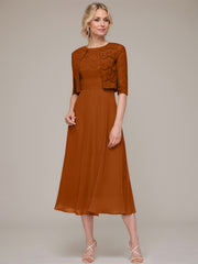A-line/Princess Scoop Tea-Length Chiffon Mother of the Bride Dress With Lace Jacket