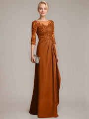 A-line Scoop Illusion Floor-Length Chiffon Lace Mother of the Bride Dress With Beading Sequins Cascading Ruffles