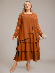 A-line Scoop Tea-Length Chiffon Mother of the Bride Dress With Cascading Ruffles