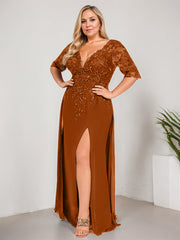 Sheath/Column V-Neck Floor-Length Lace Chiffon Mother of the Bride Dress With Sequins