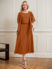 A-line Scoop Tea-Length Lace Chiffon Mother of the Bride Dress With Sequins
