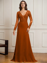 Sheath/Column V-Neck Detachable Sweep Train Lace Tulle Chiffon Mother of the Bride Dress With Sequins