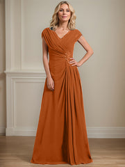 A-line V-Neck Floor-Length Chiffon Mother of the Bride Dress With Pleated Sequins Beading