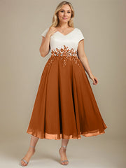 A-line V-Neck Tea-Length Satin Chiffon Mother of the Bride Dress With Appliques Lace