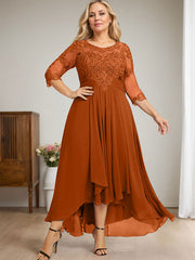 A-line Scoop Illusion Asymmetrical Lace Chiffon Mother of the Bride Dress With Cascading Ruffles