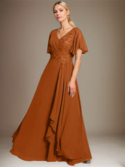 A-line V-Neck Floor-Length Lace Chiffon Mother of the Bride Dress With Cascading Ruffles Sequins