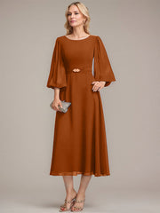 A-line Scoop Tea-Length Chiffon Mother of the Bride Dress With Crystal Brooch Pleated