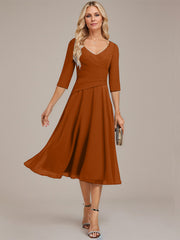 A-line V-Neck Tea-Length Chiffon Mother of the Bride Dress With Pleated