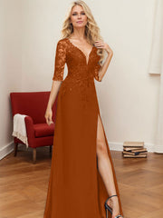 A-Line V-Neck 1/2 Sleeves Floor-Length Chiffon Mother Of The Bride Dresses With Lace