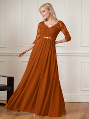 A-Line Floor-Length V-Neck Lace Chiffon Mother of the Bride Dress