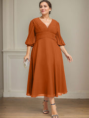 A-line V-Neck Tea-Length Chiffon Mother of the Bride Dress With Pleated