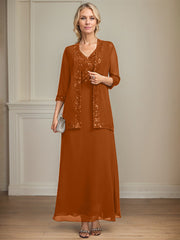 A-line V-Neck Ankle-Length Lace Sequin Chiffon Mother of the Bride Dress