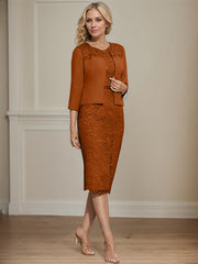 Sheath/Column Scoop Knee-Length Chiffon Lace Mother of the Bride Dress With Beading