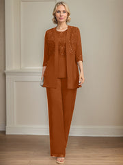 Jumpsuit/Pantsuit Separates Scoop Floor-Length Chiffon Lace Mother of the Bride Dress With Sequins