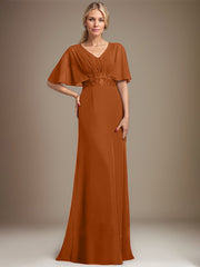 A-line V-Neck Floor-Length Chiffon Mother of the Bride Dress With Sequins Appliques Lace Pleated