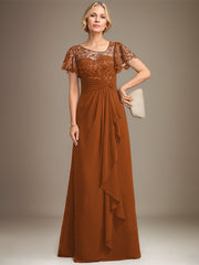 A-line Asymmetrical Illusion Floor-Length Lace Chiffon Mother of the Bride Dress With Cascading Ruffles Sequins