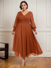A-line V-Neck Tea-Length Chiffon Mother of the Bride Dress With Pleated