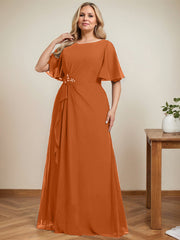 A-line Scoop Floor-Length Chiffon Mother of the Bride Dress With Cascading Ruffles Beading Sequins