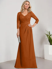 Sheath/Column V-Neck Illusion Floor-Length Lace Chiffon Mother of the Bride Dress With Pleated Sequins