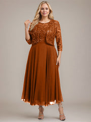 A-line Boat Neck Illusion Tea-Length Lace Chiffon Mother of the Bride Dress With Sequins