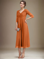 A-line V-Neck Tea-Length Chiffon Lace Mother of the Bride Dress With Beading