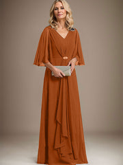 A-line V-Neck Floor-Length Chiffon Mother of the Bride Dress With Cascading Ruffles Crystal Brooch