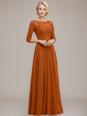 A-line Boat Neck Illusion Floor-Length Chiffon Lace Mother of the Bride Dress With Sequins Beading