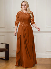 A-line Scoop Floor-Length Lace Chiffon Mother of the Bride Dress With Cascading Ruffles Sequins