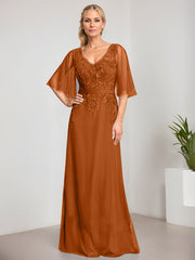A-line V-Neck Floor-Length Lace Chiffon Mother of the Bride Dress With Sequins Beading