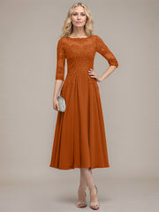 A-line Scoop Illusion Tea-Length Chiffon Lace Mother of the Bride Dress With Sequins Beading