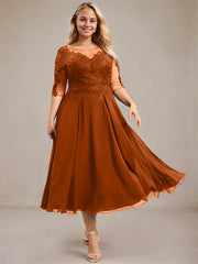 A-line Scoop Illusion Tea-Length Lace Chiffon Mother of the Bride Dress With Sequins