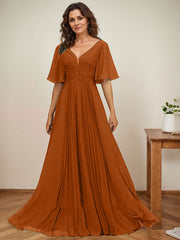 A-line V-Neck Floor-Length Chiffon Mother of the Bride Dress With Sequins Appliques Lace Pleated
