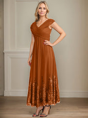 A-line V-Neck Ankle-Length Chiffon Mother of the Bride Dress With Bow Sequins Appliques Lace
