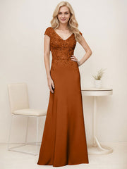 A-Line V-Neck Sweep Train Elastic Mother Of The Bride Dresses With Lace