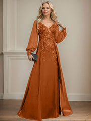A-Line V-Neck Long Sleeves Floor-Length Chiffon Mother Of The Bride Dresses With Lace