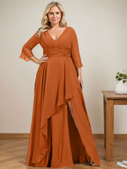 A-line V-Neck Floor-Length Chiffon Mother of the Bride Dress With Cascading Ruffles