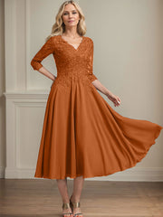 A-line V-Neck Tea-Length Chiffon Lace Mother of the Bride Dress With Beading Sequins