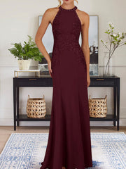 Dusty Blue Sheath Halter Long Mother of Bride Dress With Appliques