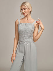 Silver Chiffon Pant and Lace Top Mother of The Bride Wide Pant Suits