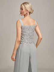 Silver Chiffon Pant and Lace Top Mother of The Bride Wide Pant Suits