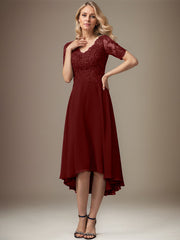 A-line V-Neck Asymmetrical Lace Chiffon Mother of the Bride Dress With Sequins